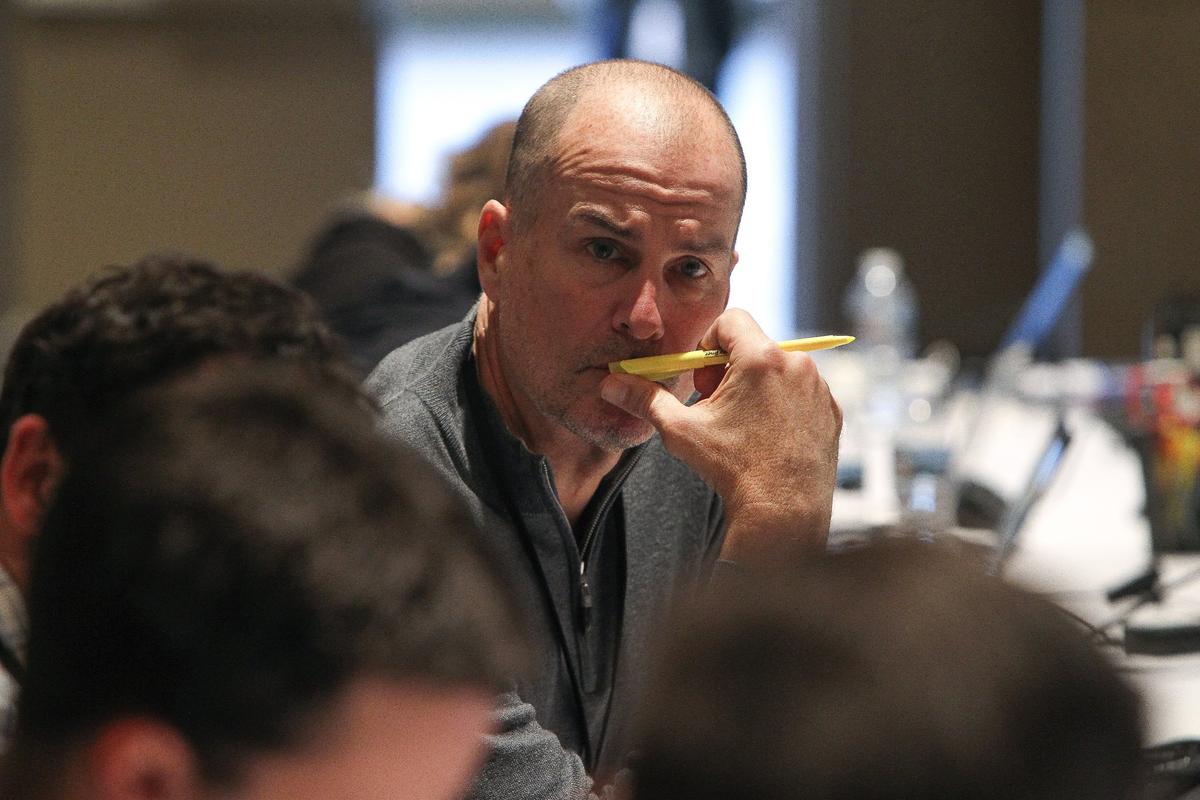ESPN “College GameDay” analyst Jay Bilas looked on Friday during a production meeting in advance of Saturday’s broadcast from Rupp Arena.