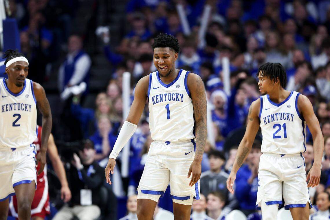Kentucky guard Justin Edwards smiles after forcing a turnover against Alabama during Saturday’s game at Rupp Arena.