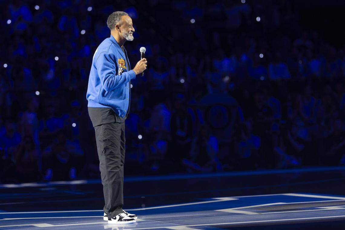 New UK women’s basketball coach Kenny Brooks addresses the crowd during Big Blue Madness.