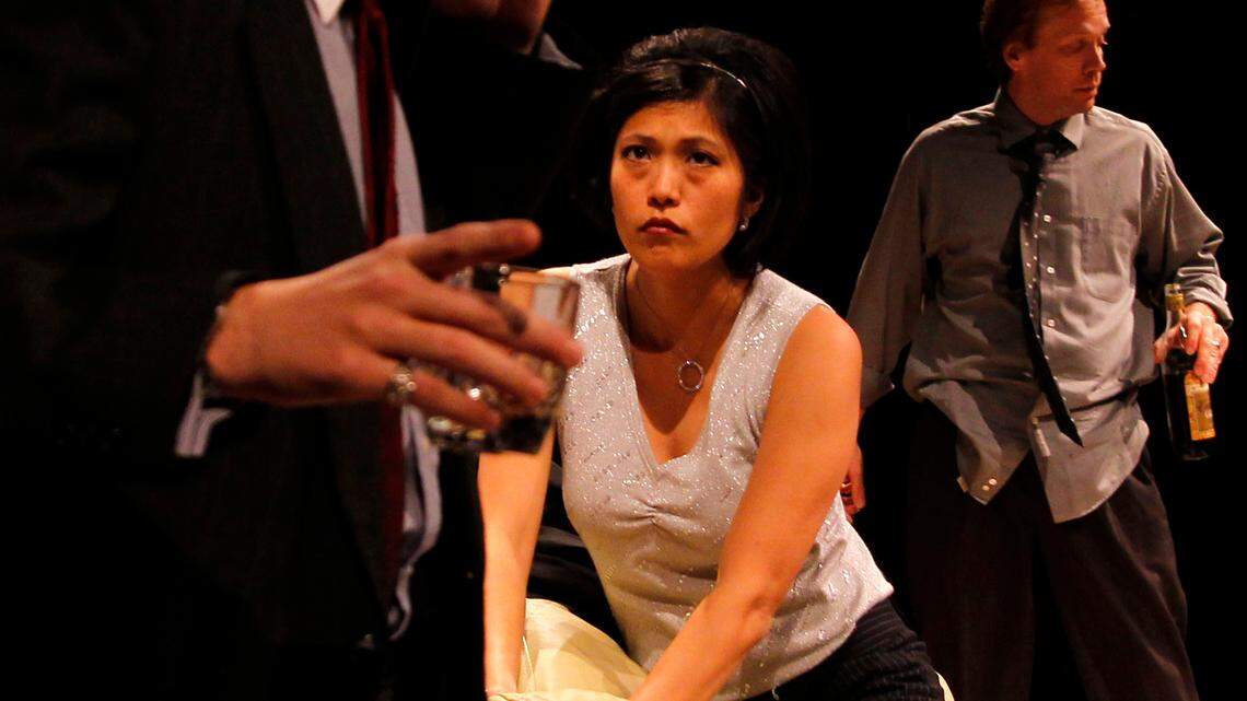 Kim Dixon, as Annette Raleigh loses patience with Adam Luckey playing her husband Alan Raleigh, during rehearsal for On the Verge's production of Yasmina Reza's God of Carnage, which will play the next two weekends at the Downtown Arts Center  on Wednesday November 9, 2011 in Lexington, Ky. Photo by Mark Cornelison | Staff