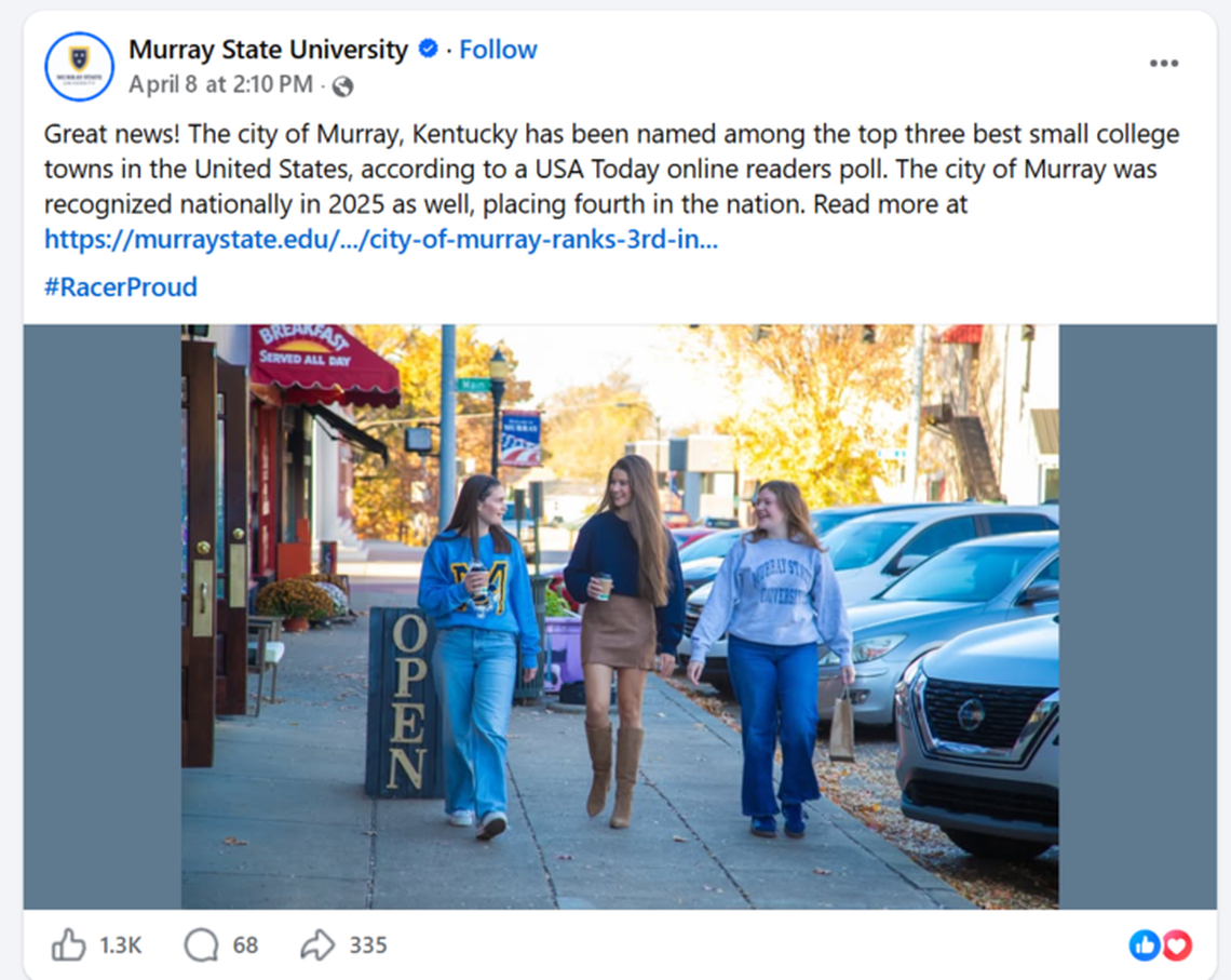 A screenshot from Murray State University announcing Murray’s recent mention on USA TODAY’s best small college towns list for 2026.