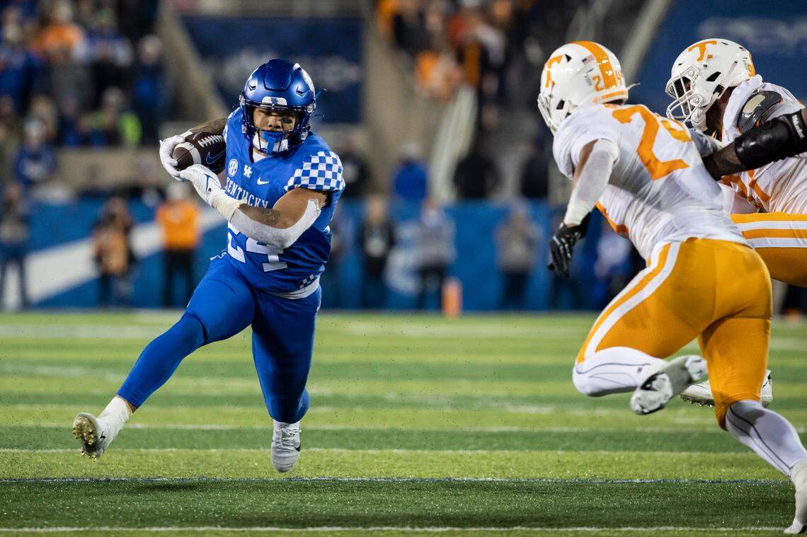 With 3,135 career rushing yards, Kentucky star running back Christopher Rodriguez (24) needs to rush for 199 yards at Tennessee this week to pass Moe Williams (3,333 yards) for third on the all-time UK rushing list.