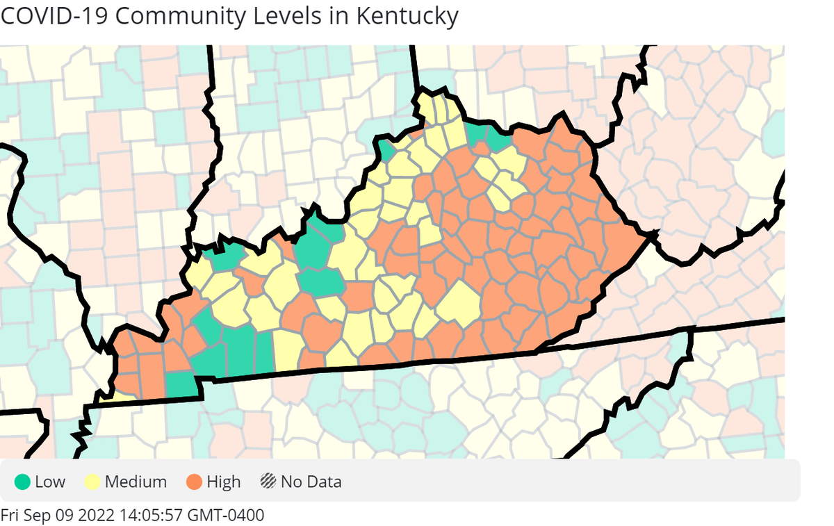 A look at Kentucky’s COVID-19 Community Levels, sourced from the Centers for Disease Control and Prevention. 
