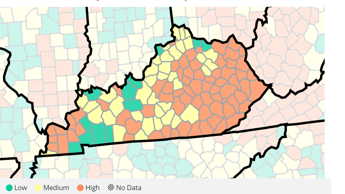 Kentucky’s COVID positivity rate drops. See the latest CDC community levels by county