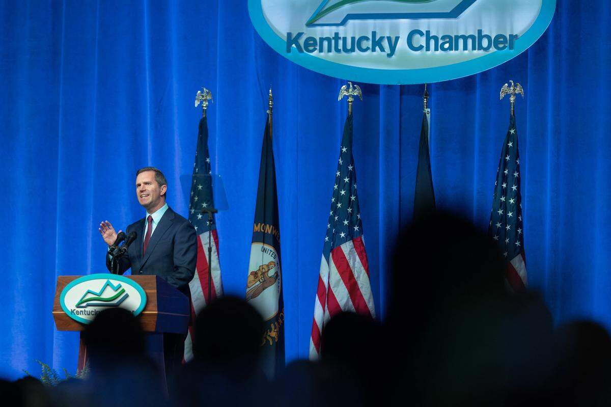 Kentucky Gov. Andy Beshear speaks during the 31st Annual Kentucky Chamber Day Dinner at the Central Bank Center in Lexington, Ky., on Thursday, Jan. 8. 2026.