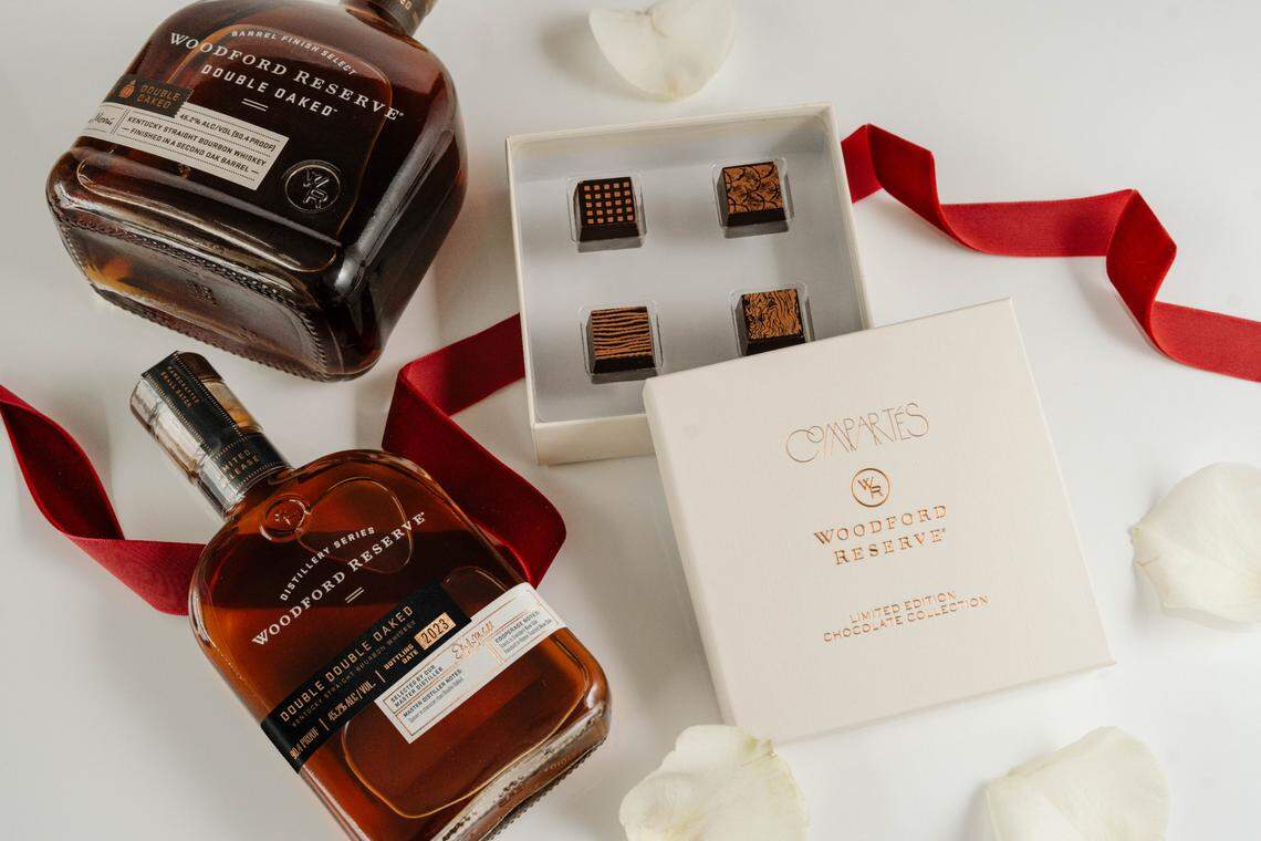 For the first time, Woodford Reserve is selling online a special Valentine’s Day bundle of its coveted Double Double Oaked bourbon with a bottle of Double Oaked and a special box of Compartes chocolate truffles paired to taste with the whiskeys.