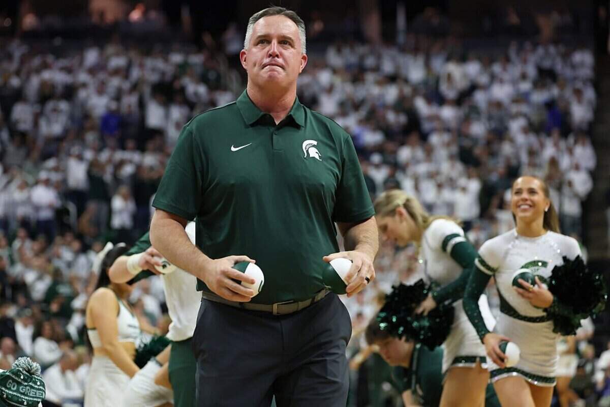 EAST LANSING, MICHIGAN - DECEMBER 06: Head football coach Pat Fitzgerald of the Michigan State Spartans during a basketball game between the Duke Blue Devils and Michigan State Spartans at Breslin Center on December 06, 2025 in East Lansing, Michigan. (Photo by Gregory Shamus/Getty Images)