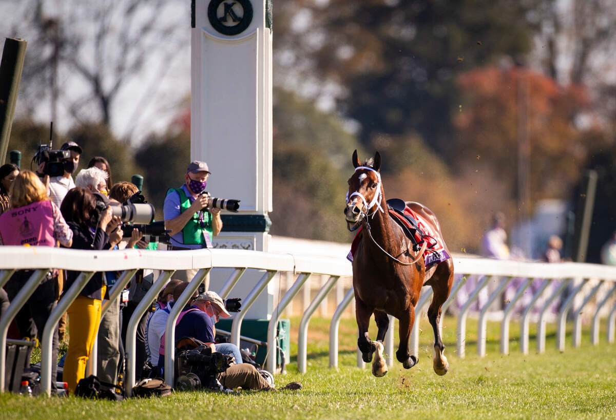 Starship Jubilee runs past photographers on the outside rail on the starting stretch after losing jockey Florent Geroux during the Breeder’s Cup Filly and Mare turf race at Keeneland in Lexington, Ky., Saturday, November 7, 2020.