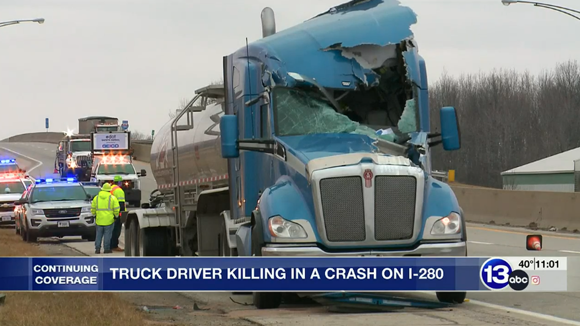 A truck driver was killed when a tire from another semi flew into his window, striking him, Ohio cops say.