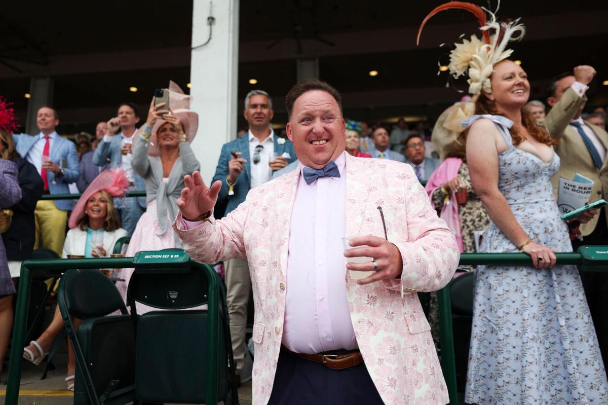 Louisville resident Matt “Bull” Zinger cheers during an undercard race during Kentucky Derby 151 at Churchill Downs May 3, 2025.&nbsp;&nbsp;