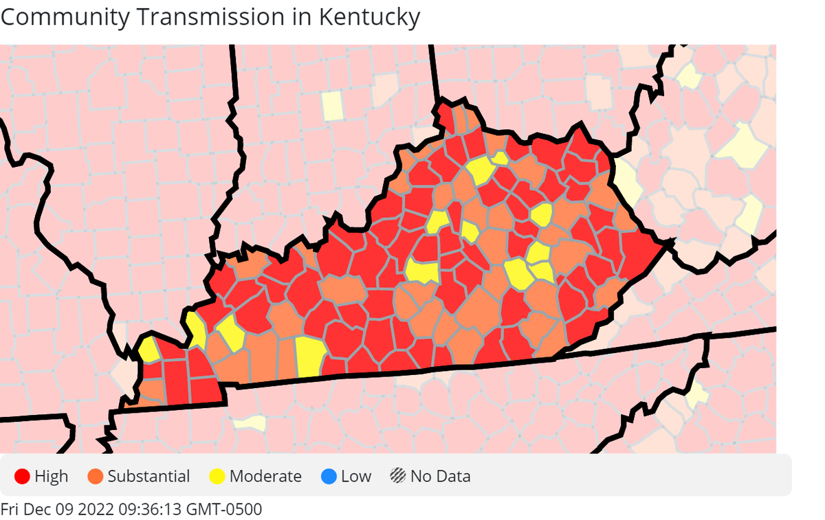 Community transmission of COVID-19 by Kentucky county, per the CDC, as of Dec. 9, 2022. 