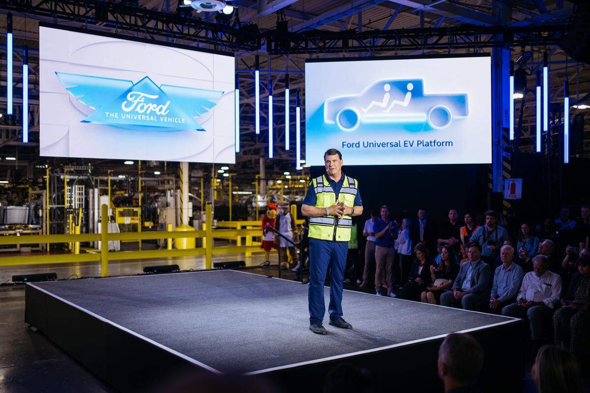 Jim Farley, Ford president and CEO, introduces the new Ford Universal EV Platform and Ford Universal EV Production System on Monday, August 11, 2025 at Louisville Assembly Plant. Louisville Assembly Plant will assemble the platform’s first vehicle – a midsize four-door electric pickup.