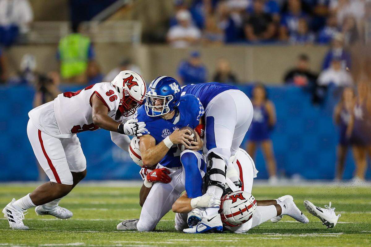 Kentucky quarterback Will Levis was sacked four times Saturday night in UK’s season-opening victory over Miami (Ohio).