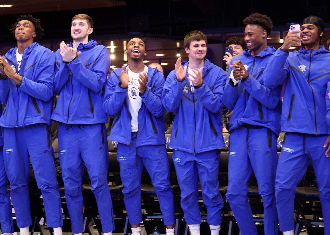 Kentucky players react to learning their seeding, No. 3 in the Midwest, during the NCAA Selection Show on Sunday.