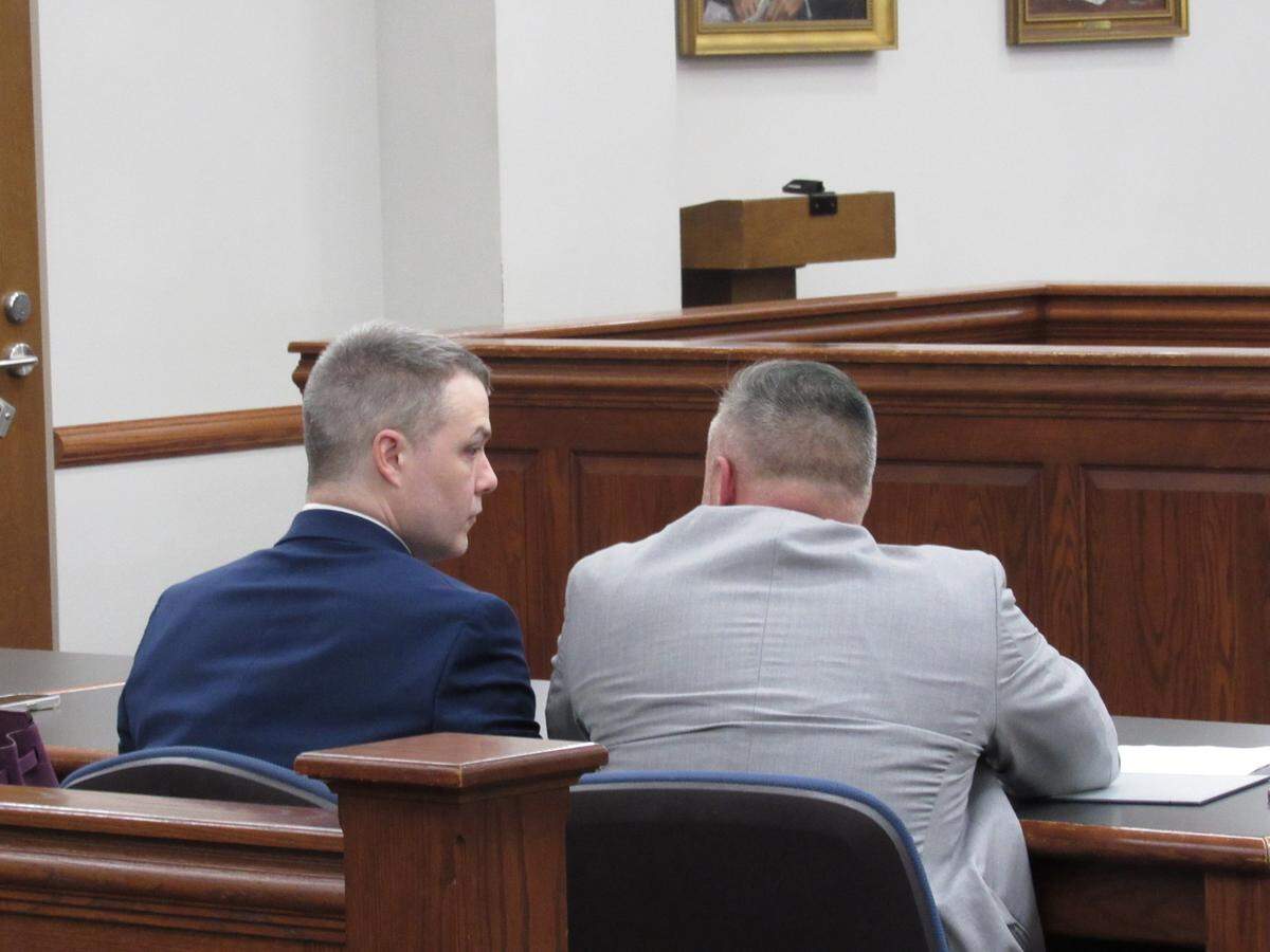 Casey Byrd, left, talked with attorney Jeremy Bartley in court on Aug. 8, 2024 during his trial on a charge of hitting and killing a police officer while driving drunk.
