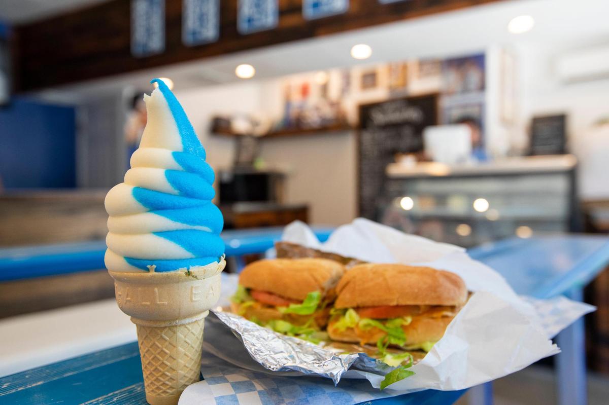 A blue and white swirl soft serve ice cream cone form the Big Blue Deli in Lexington, Ky., Friday, August 12, 2022.