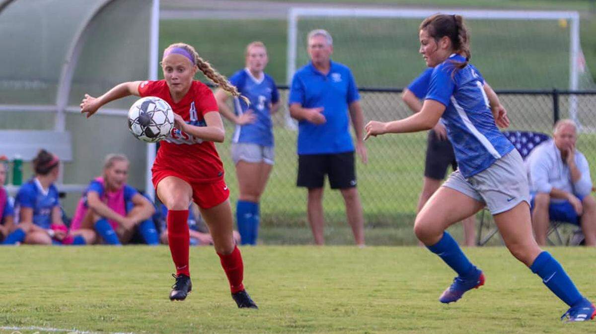West Jessamine’s Karlie Galus goes after a ball against Lexington Christian earlier in the season. Galus, a sophomore, leads the Colts in goals in 2021 with 20. West Jessamine won the 12th Region title and plays Notre Dame on Thursday in the KHSAA girls’ state soccer tournament semifinals.
