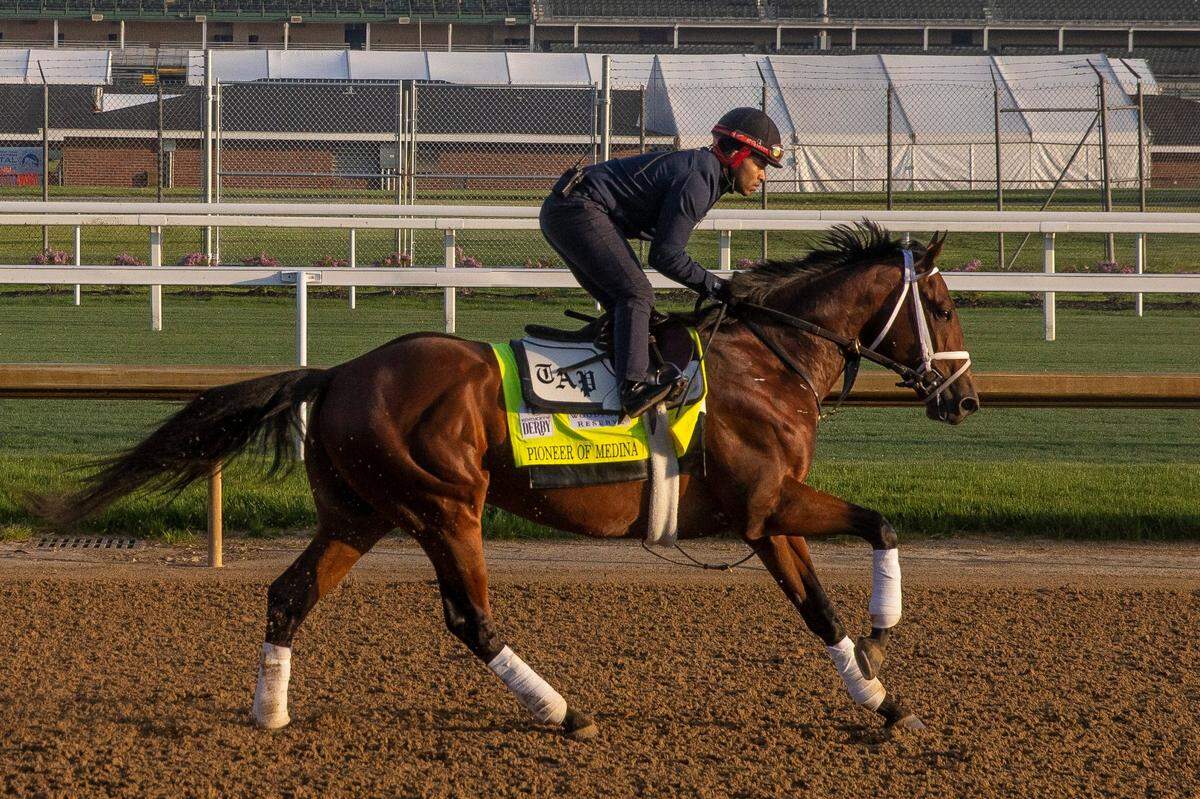 2022 Kentucky Derby entrant Pioneer of Medina puts in some time on the track Monday at Churchill Downs in Louisville. Pioneer of Medina is one of two sons of Pioneerof the Nile in Saturday’s Run for the Roses, joined by Tawny Port. Pioneerof the Nile, who finished second in the 2009 Kentucky Derby, is best known for siring 2015 Triple Crown winner American Pharoah.