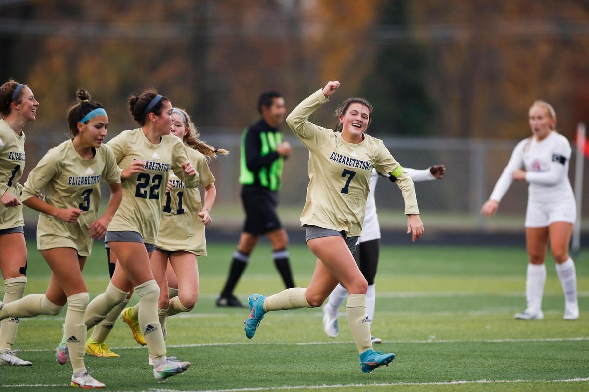 Elizabethtown Langley Wallace (7) celebrates scoring a goal against West Jessamine during the KHSAA Girls’ State Soccer Tournament semifinals at Frederick Douglass High School in Lexington, Ky., Wednesday, October 26, 2022.