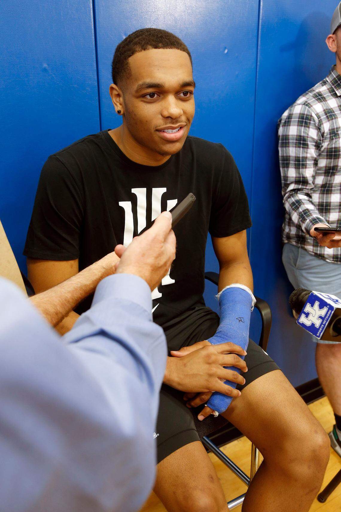 Kentucky's PJ Washington wore a cast on his hand during Thursday's media availability at the Joe Craft Center. He recently underwent surgery on a broken pinkie finger.