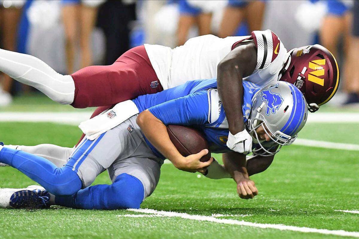 Washington’s Jamin Davis sacks Detroit Lions quarterback Jared Goff during their game earlier this season.