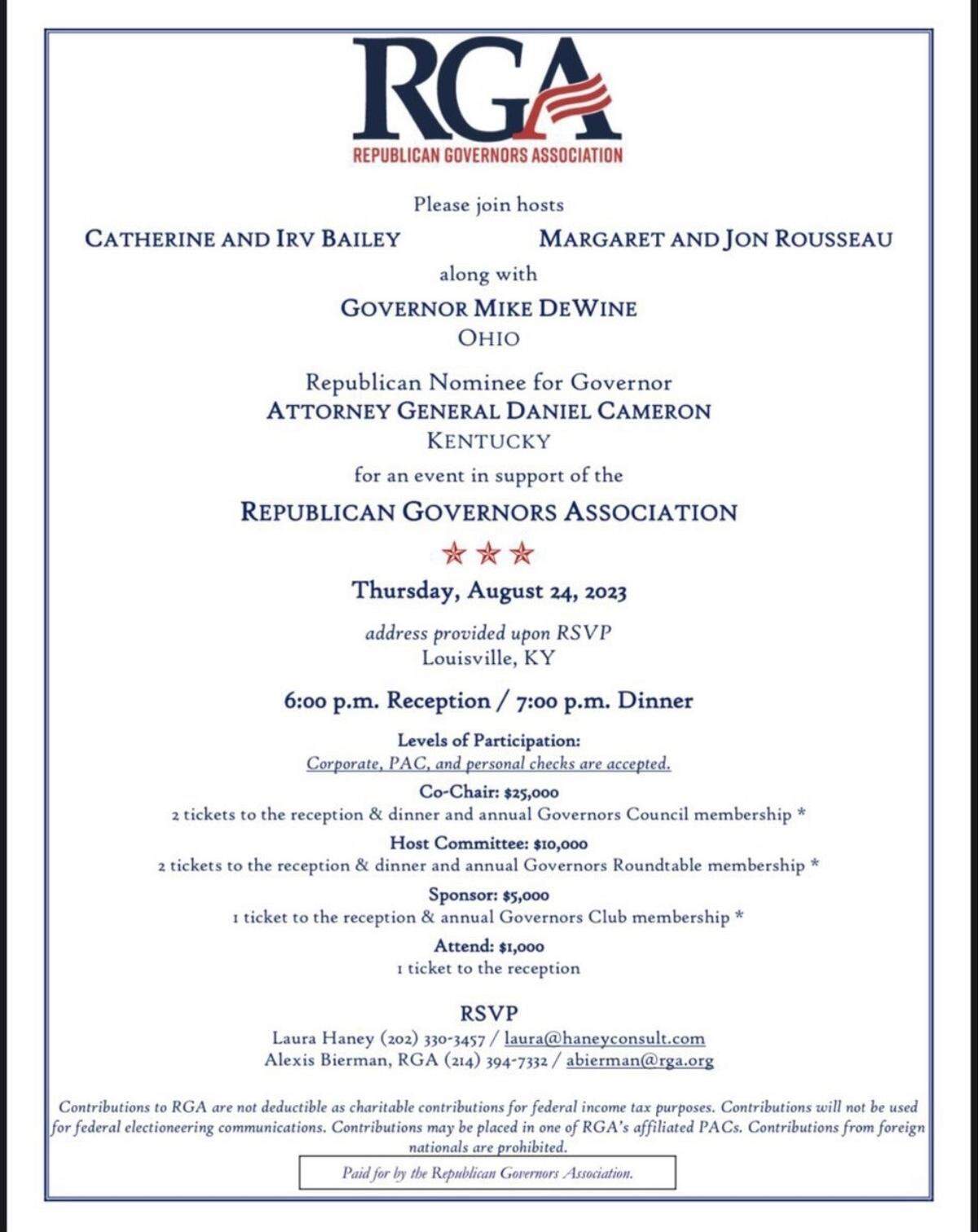 A copy of an invite to an RGA fundraiser co-hosted by Jon Rousseau, CEO of BrightSpring Health, a company owned by a hedge fund currently being sued by Cameron’s office.