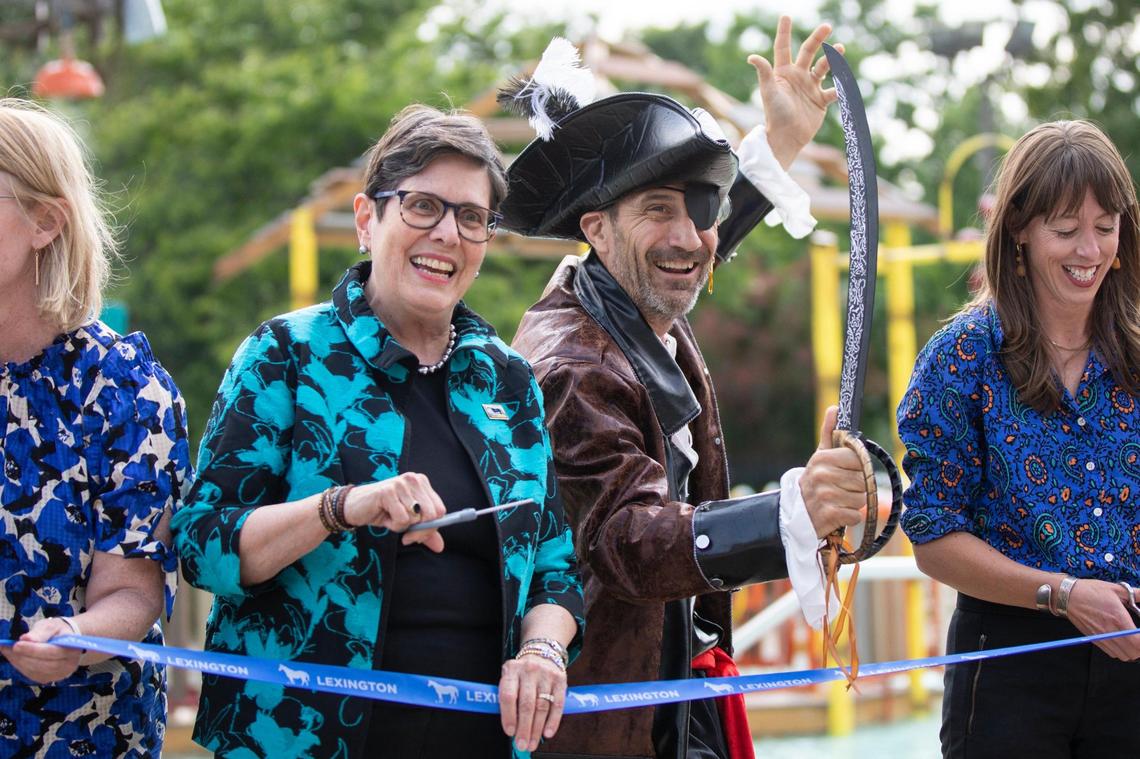 Mayor Linda Gorton announces the newest pool feature: Paradise Lagoon, the new shipwreck-themed feature at Woodland Aquatic Center in Lexington, Ky., Friday, May 26, 2023.