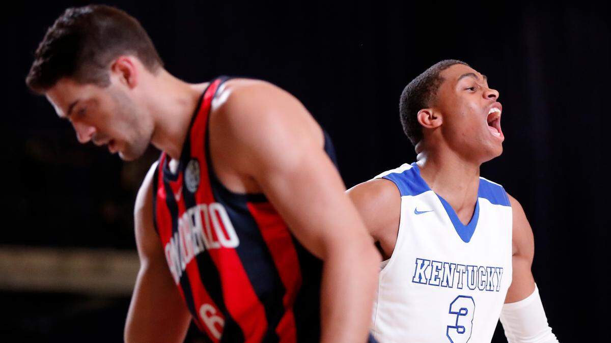 Kentucky freshman Keldon Johnson let out a yell during the first half as the Wildcats took on San Lorenzo de Almagro on Thursday night at Paradise Island, Bahamas.