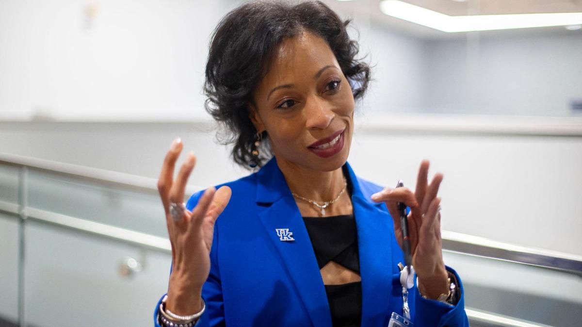 DeShana Collett, chair of the University Senate Council at the University of Kentucky, speaks following a university Board of Trustees meeting at the Gatton Student Center on the UK campus in Lexington, Ky., on Friday, Feb. 23, 2024.