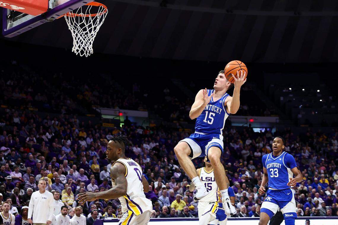 Kentucky’s Reed Sheppard (15) looks to shoot against LSU during Wednesday’s game. Sheppard finished with seven points, two rebounds, two assists and five steals.