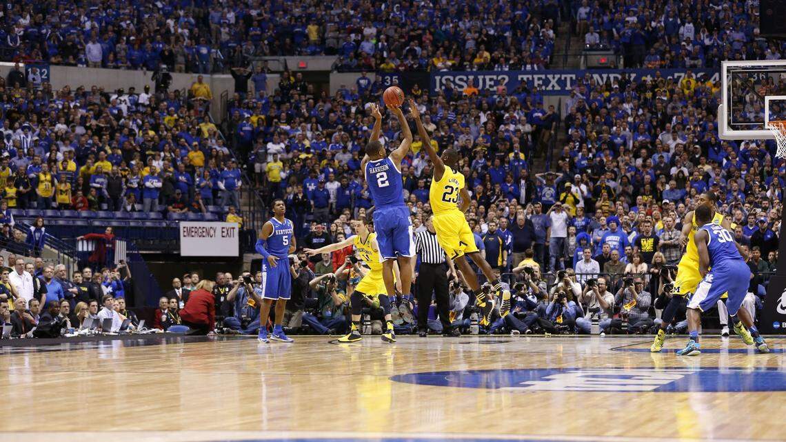 Aaron Harrison’s game-winning three-point shot against Michigan in the 2014 NCAA Tournament Midwest Region finals gave Kentucky a 75-72 win and a berth in the Final Four.