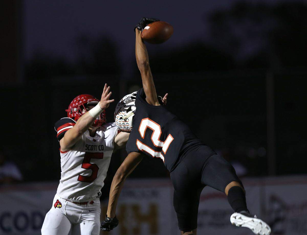 Frederick Douglass wideout Dane Key pulled down a one-handed catch on Sept. 27, 2019, against Scott County’s Campton Martin.