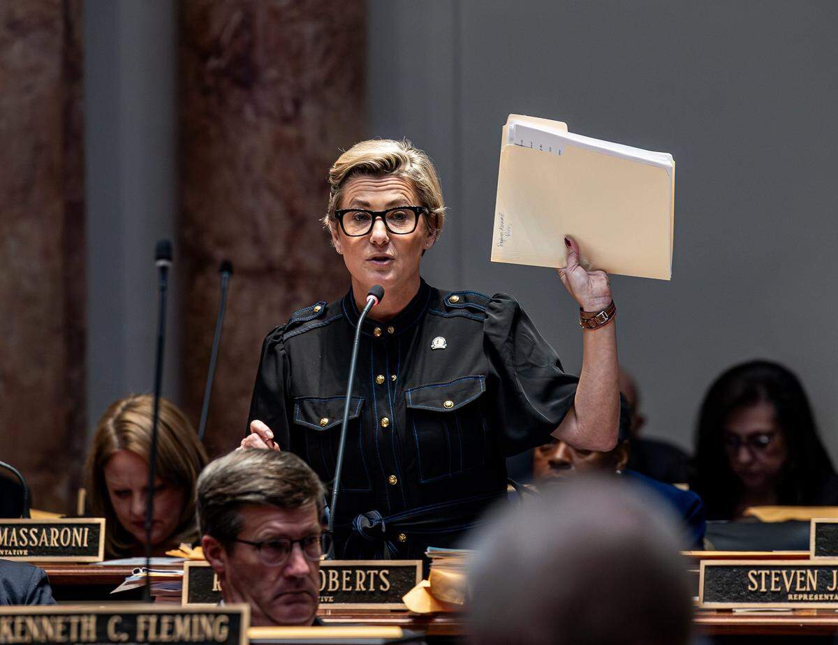 Kentucky State Representative Rachel Roberts talked on the House floor on the first day of the 2024 Kentucky General Assembly in Frankfort, Ky. Jan. 2, 2024