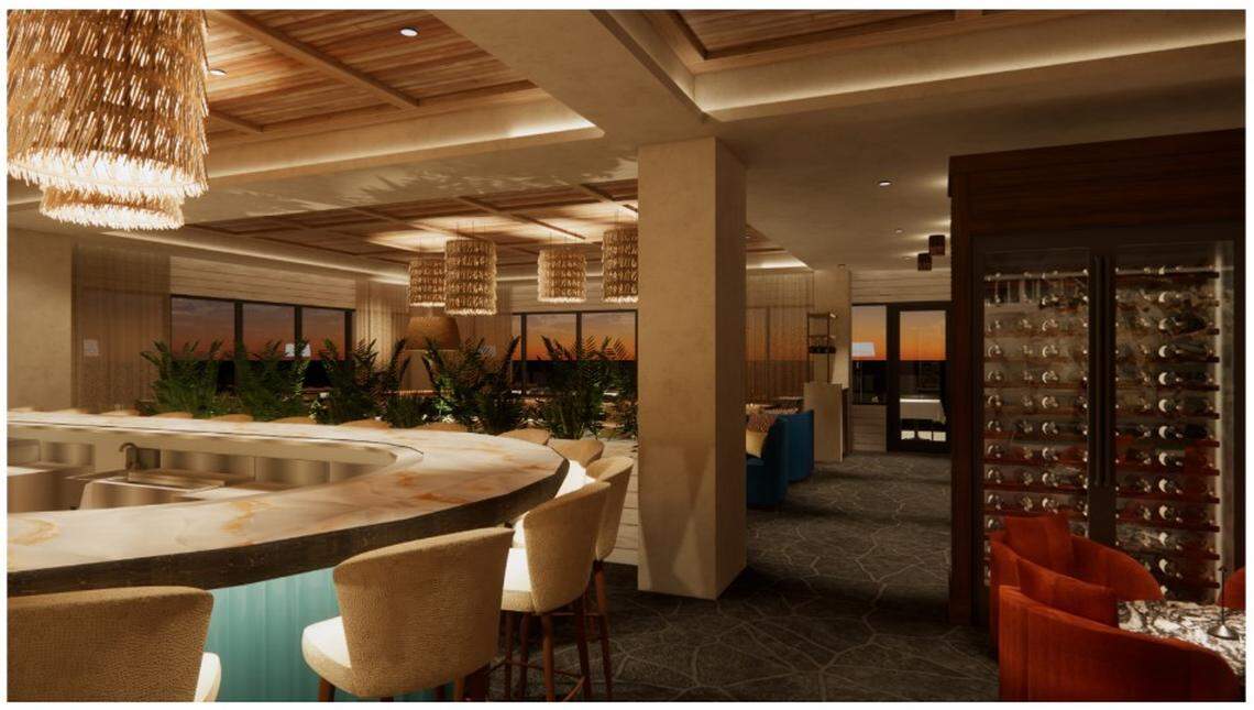 The V restaurant of The Vine will be on the 9th floor, with a horseshoe bar and a wrap-around balcony overlooking the city of Lexington and skyline views throughout.