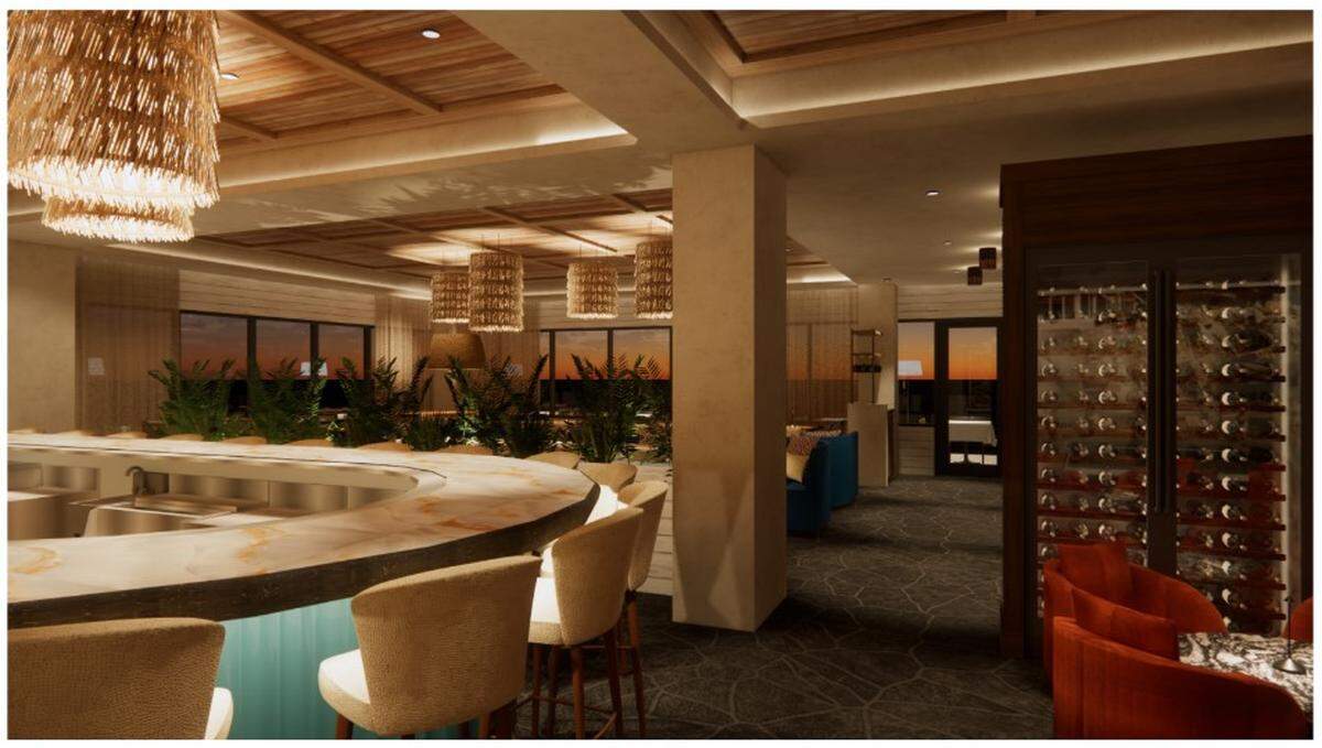 The V restaurant of The Vine will be on the 9th floor, with a horseshoe bar and a wrap-around balcony overlooking the city of Lexington and skyline views throughout.