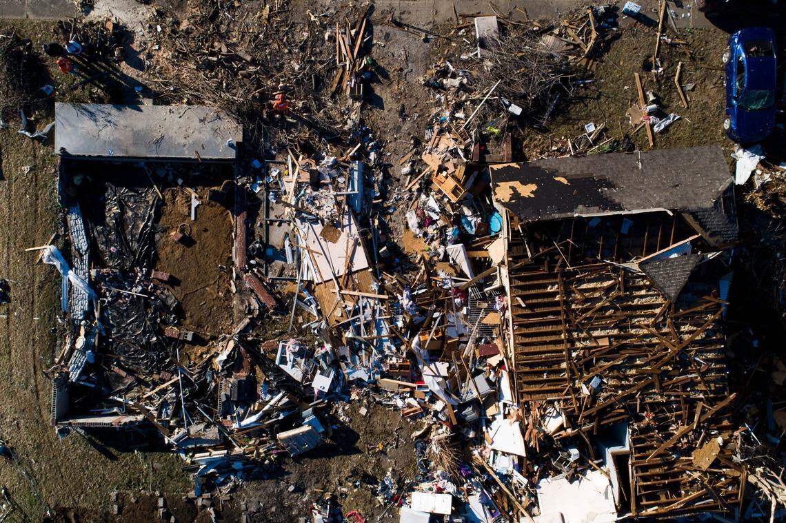 Two Dawson Springs, Ky. homes sit destroyed Monday following last weeks deadly Western Kentucky tornadoes.