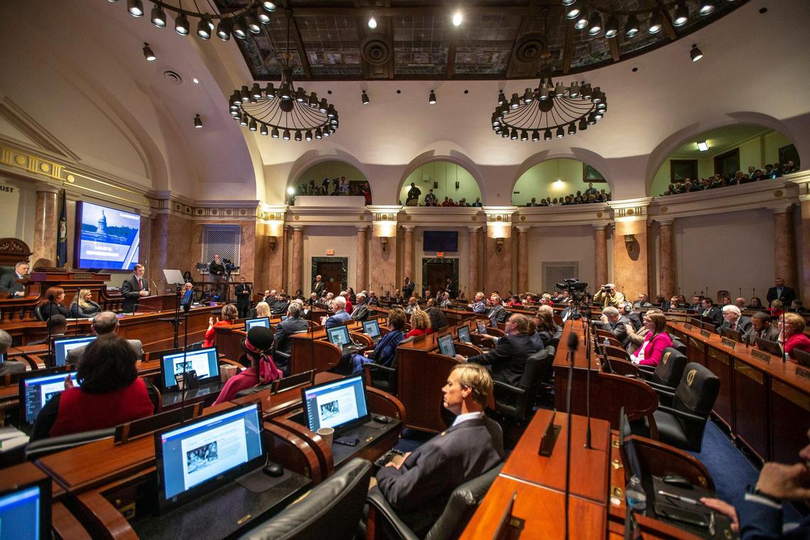 Kentucky Gov. Andy Beshear delivers his two-year state budget proposal during a joint session of the General Assembly at the Kentucky state Capitol in Frankfort, Ky., on Tuesday, Jan. 28, 2020.