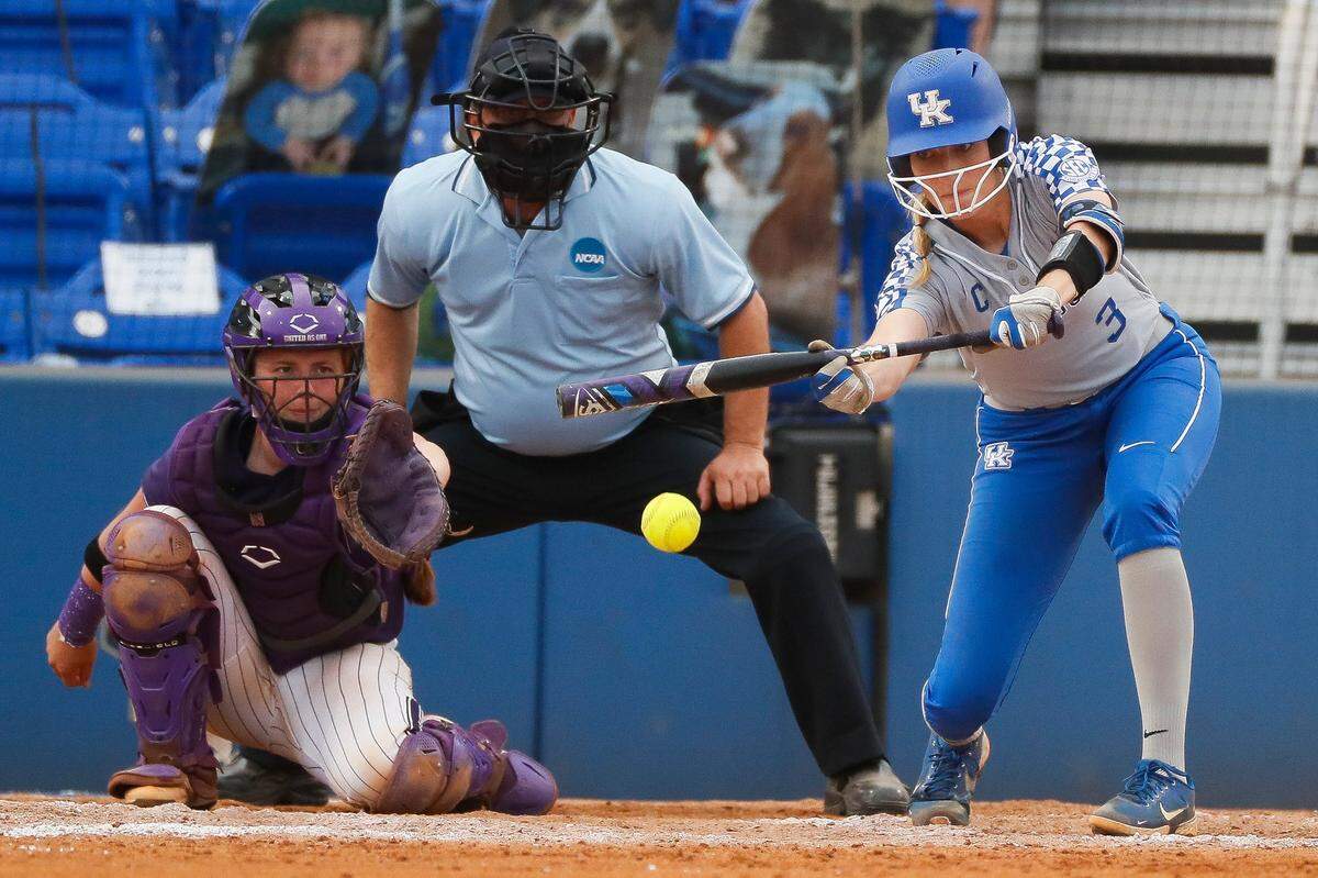 Kentucky Wildcats utility Grace Baalman (3) bunts during the NCAA Lexington Regionals against the Northwestern Wildcats at John Cropp Stadium in Lexington, Ky., Saturday, May 22, 2021. Kentucky beat Northwestern 7-2.