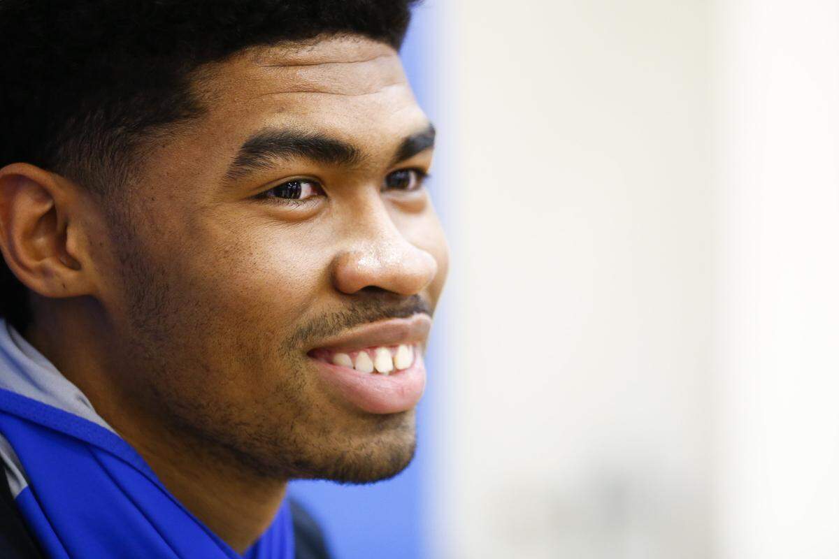 Kentucky sophomore Nick Richards laughed at a question during UK men’s basketball Media Day at the Joe Craft Center on Thursday.