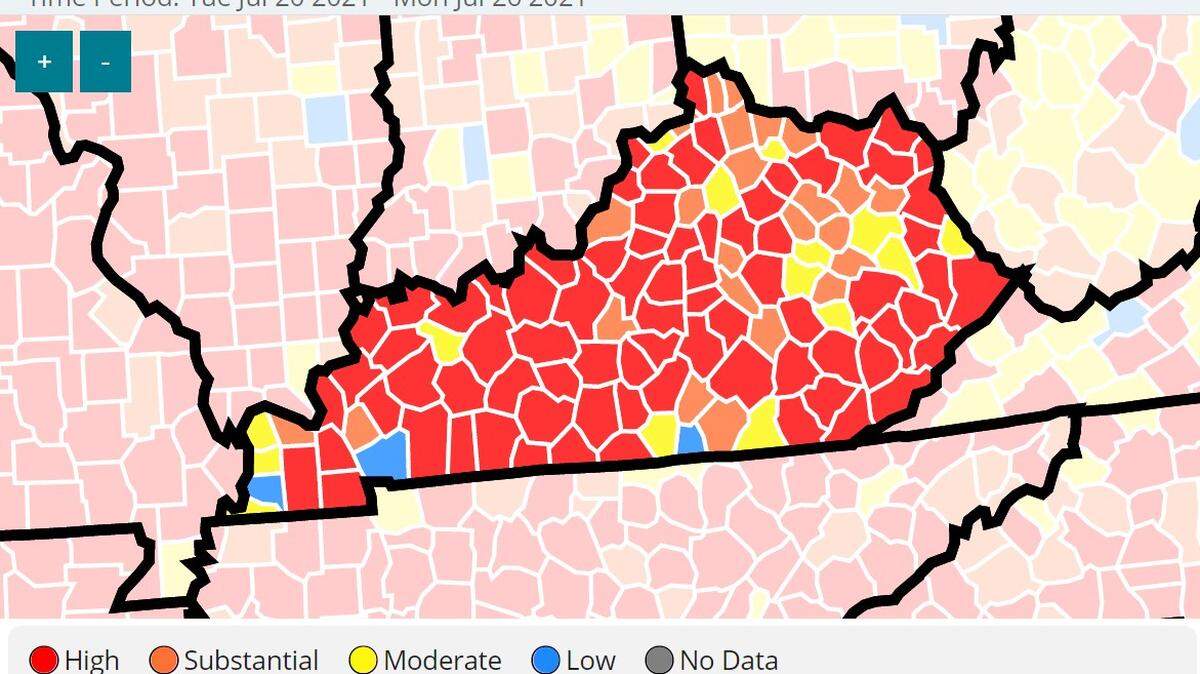 COVID-19 was spreading at high or substantial rates in 102 of Kentucky’s 120 counties in late July 2020, according to the U.S. Centers for Disease Control and Prevention.