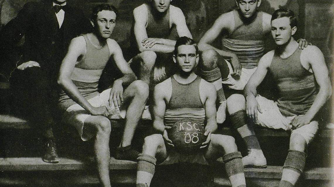 In 1908, when the University of Kentucky was still known as Kentucky State College, KSC swept both basketball games from Transylvania, but the all-time series is tied 7-7. Left to right were: Manager Leo Brewer, Harold Downing, Maury Wilson, Richard Barbee, Walter Fox and Shelby Post.