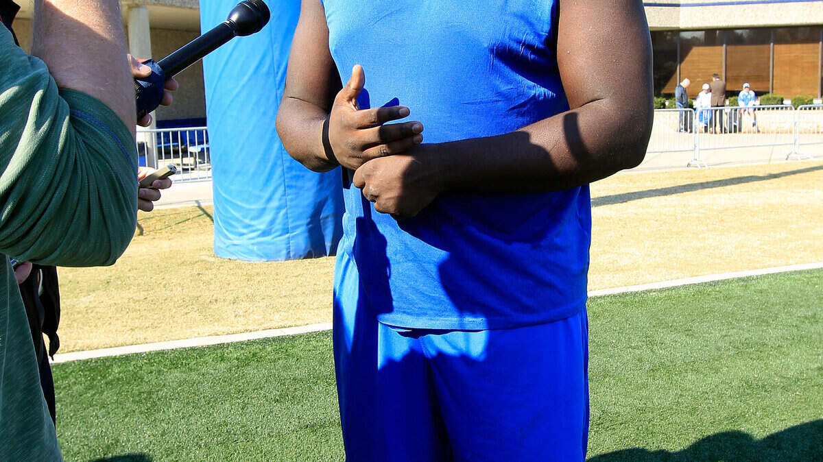 University of Kentucky player Donte Rumph was interviewed in November. New coach Mark Stoops said Wednesday that Rumph had suffered a significant injury and could face surgery. Photo by Charles Bertram | Staff