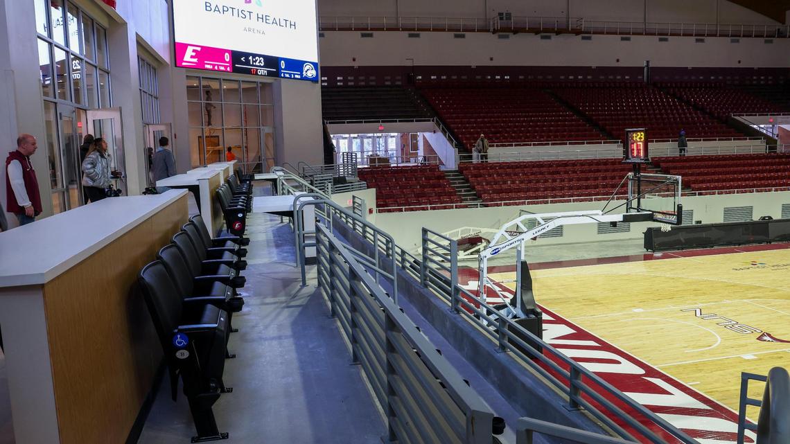 Seats that accompany a 300-seat conference center overlook the basketball court as construction continues inside Eastern Kentucky University’s Baptist Health Arena at Alumni Coliseum on Wednesday.