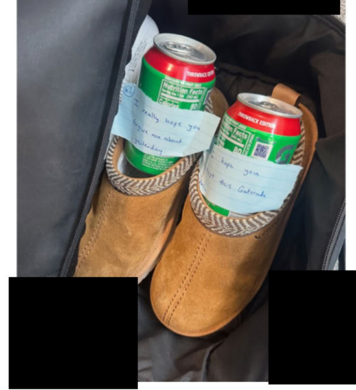 A distance runner at UK said she found these cans of Gatorade in her UGG shoes inside her bag, left there by Coach Hakon DeVries after she started ignoring his texts because she found them “invasive with their frequency.” The notes said: “I hope you accept this Gatorade bribe” and “I really hope you forgive me about yesterday.”