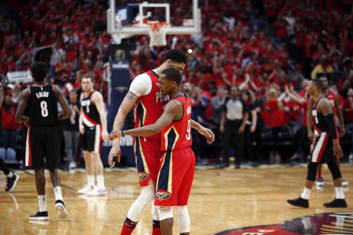 Former Kentucky Wildcats Anthony Davis and Rajon Rondo, No. 9, celebrated after the New Orleans Pelicans closed out the Portland Trail Blazers in the first round of the 2018 NBA playoffs.
