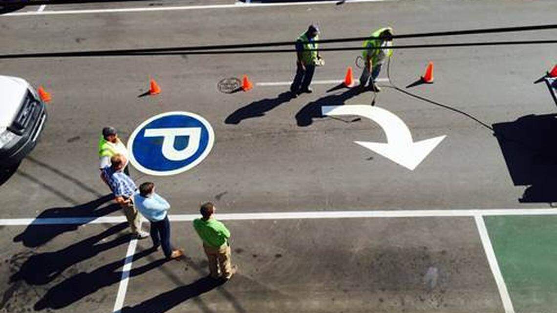 "Blue P" signs announced the presence of public parking in downtown Lexington.