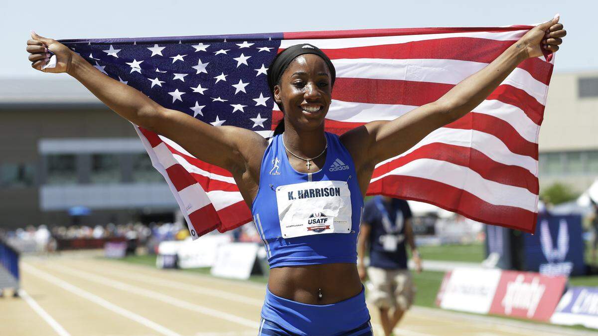 Kendra Harrison held a U.S. flag after she won the 100-meter hurdles at the U.S. Track and Field Championships in 2017. She will be competing in the 2021 U.S. Olympic Trials beginning this weekend.