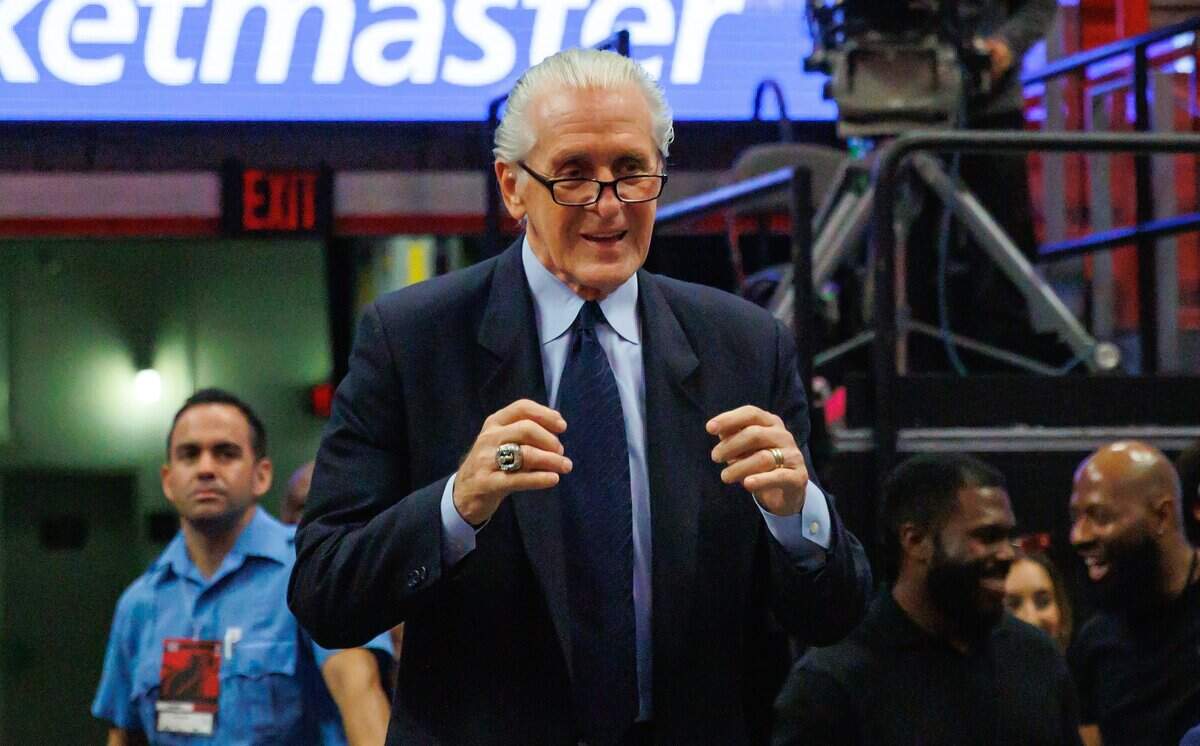 Miami Heat President Pat Riley looks on during the second quarter of an NBA game against the Atlanta Hawks at the Miami-Dade Arena on Saturday, March 4, 2023, in Miami, Florida.