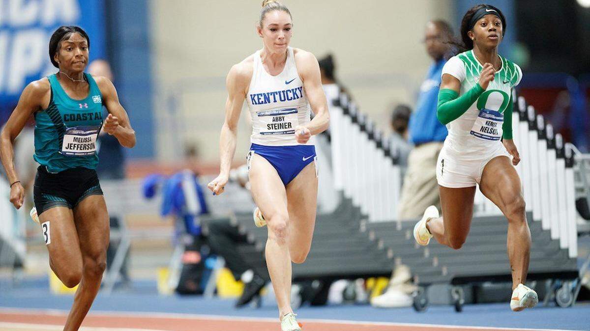 Abby Steiner, center, won gold in the 200 meters and silver in the 60 meters at the 2022 NCAA Indoor Track and Field Championships in Birmingham, Ala. This week, she’ll go after more medals in the SEC outdoor championships.