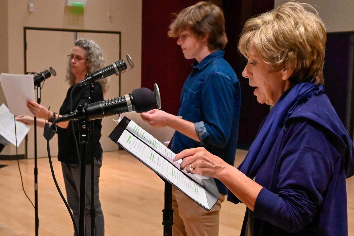Annie Weaver as Alpha (right) records Silas House’s “The Old Ways” with Henry Deckard as Blue and Catherine Gaffney as Melanie. AthensWest Theatre Company is producing the radio play “Last-Minute Gifts” with WUKY-FM 91.3. Recording took place at the WUKY studios, 2640 Spurr Road in Lexington, Kentucky on Dec. 4 and 5, 2021. The shows air Dec. 20 and 25, 2021.